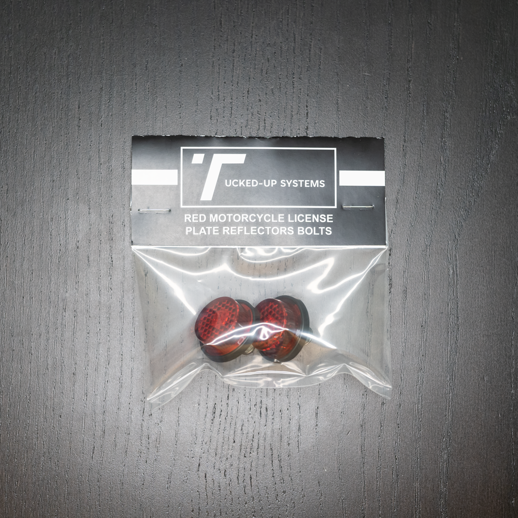 RED MOTORCYCLE MINI LICENSE PLATE REFLECTOR BOLTS Packaging